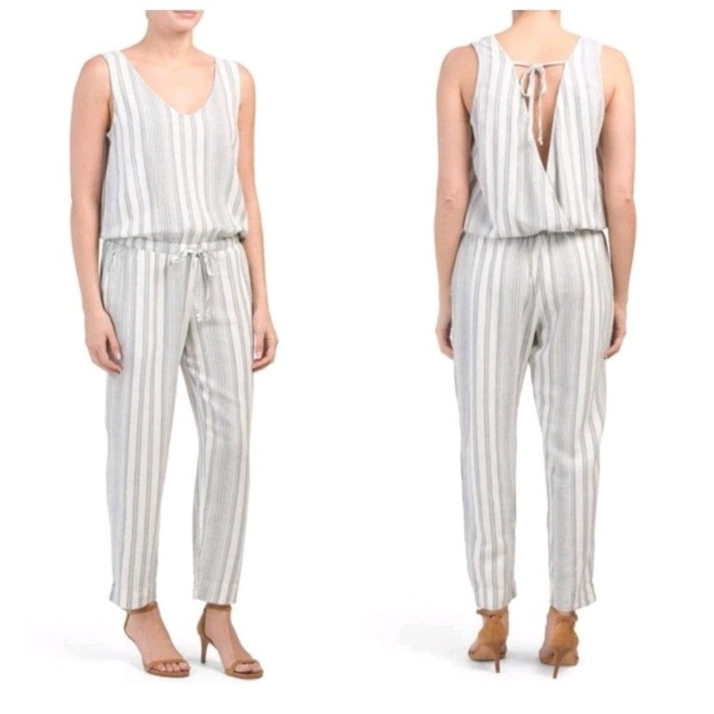 Anthropologie Cloth & Stone Linen Striped Jumpsuit SZ M Gray Drawstring Waist